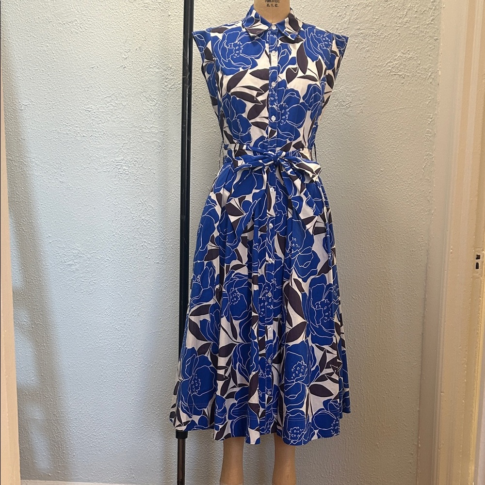 Sleeveless Blue Floral Shirt Dress with Tie Waist